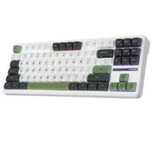 AULA F87 Wireless Trio Mode Mechanical Gaming Keyboard | 3 in One Gasket Hot Swappable Gray Wood V3 Switch Keyboard | RGB Backlit Gaming Keyboard | 2.4GHz/Type-C/Bluetooth Mechanical Keyboard (Green + White – Gray Wood Switch V3)