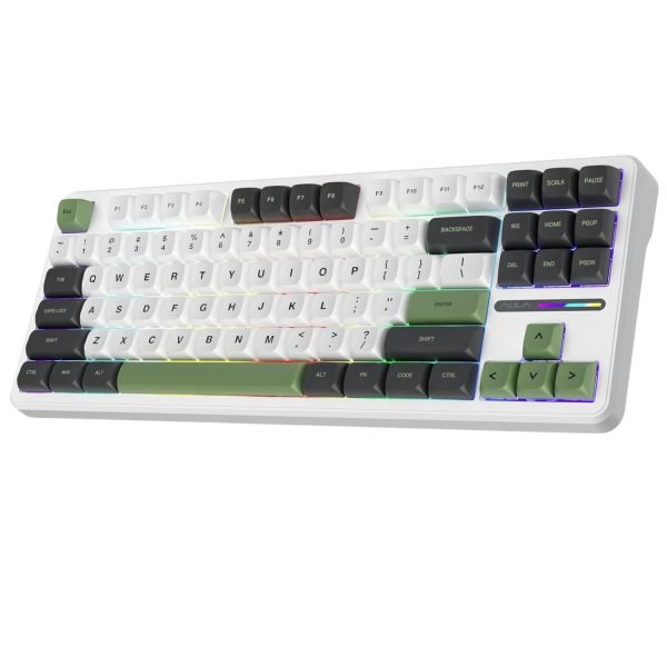 AULA F87 Wireless Trio Mode Mechanical Gaming Keyboard | 3 in One Gasket Hot Swappable Gray Wood V3 Switch Keyboard | RGB Backlit Gaming Keyboard | 2.4GHz/Type-C/Bluetooth Mechanical Keyboard (Green + White – Gray Wood Switch V3)